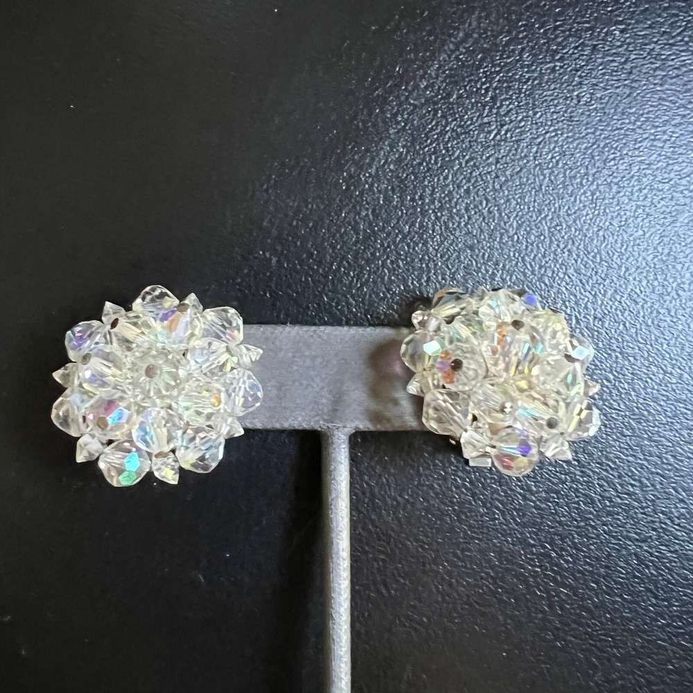 Vintage‎ Clear Crystal Cluster Earrings Silver Tone Button Clip On